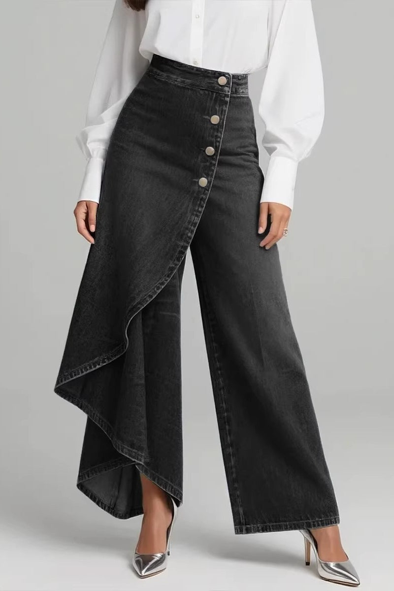 Washed Denim Button Detail Relaxed Long Jeans Secondary image