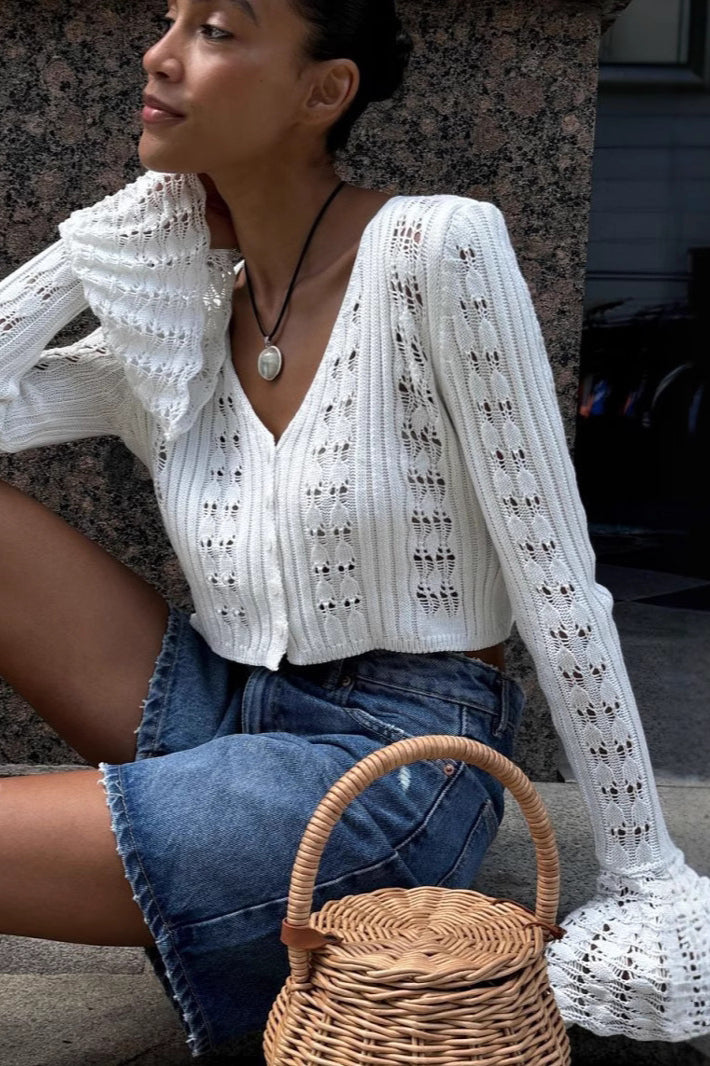 Hollow Out Knit V Neck Long Sleeve Cardigan Main image