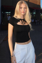 Lace Hollow Out Tie Detail Slim Fit Tee