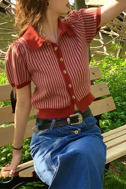 Thin Knit Turn down Collar Short Sleeve Cardigan Red / S Main image