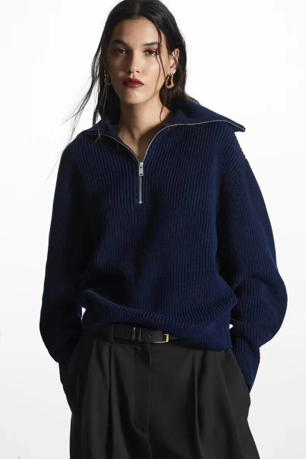 Fashion Wool Blend Open Collar Sweater Navy blue / XS
