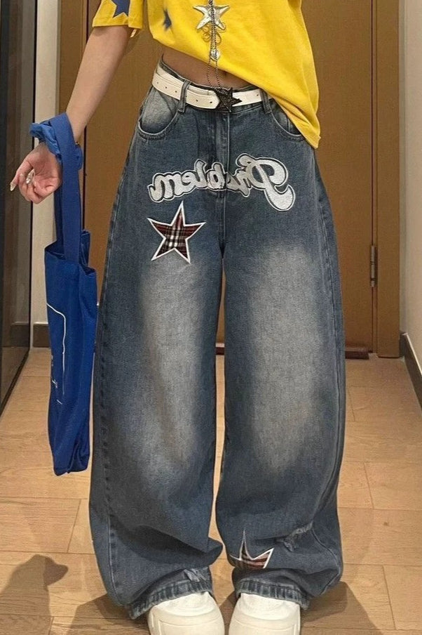 Retro Star Letter Appliqué Barrel Leg Jeans Secondary image