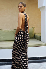 Polka Dot Halter Backless Bodycon Maxi Dress