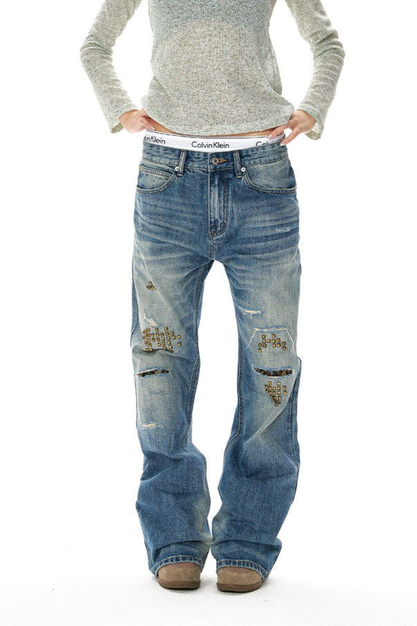 Rivet Lightning Distressed Flare Jeans