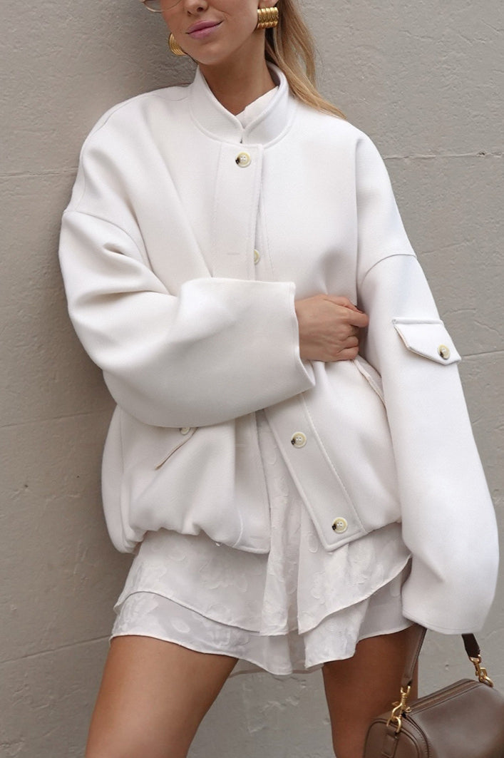 Loose Fit Stand Collar Wool Coat White / S