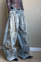 Needle Embroidered Wide Leg Jeans Blue / S