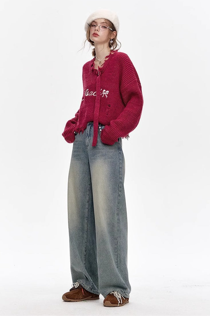 Red Embroidered Raw Edge Wool Blend Sweater