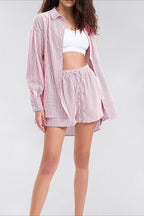 Striped Lapel Long Sleeve Blouse Shorts Set
