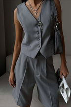 Casual V Neck Single Breasted Two Piece Vest Shorts Set