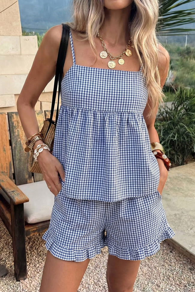 Blue White Plaid Spaghetti Strap Shorts Set Main image