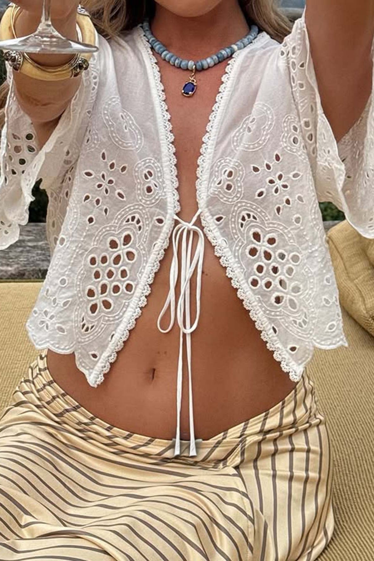 White Hollow Out Flutter Sleeve Vacation Blouse Secondary image