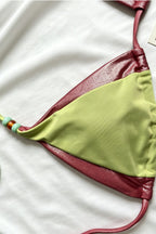 Green Brown Color Block Beaded Halter Bikini Set