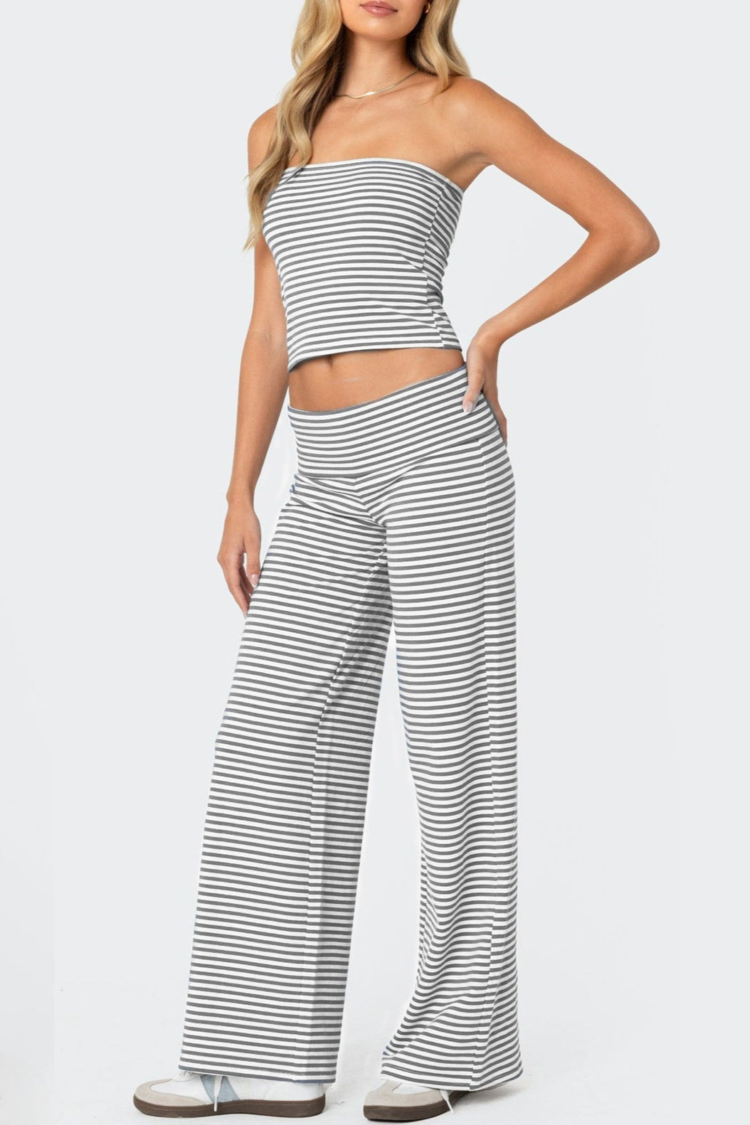 Striped Tube Top Crop Top Wide Leg Pants Set Secondary image