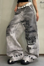 Distressed Letter Print Dirty Wash Wide Leg Jeans