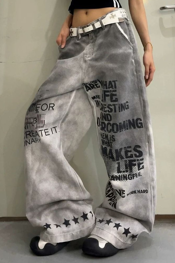 Distressed Letter Print Dirty Wash Wide Leg Jeans