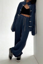 Stand Collar Suede Jacket Wide Leg Two Piece Set