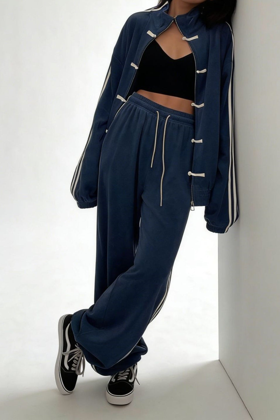 Stand Collar Suede Jacket Wide Leg Two Piece Set