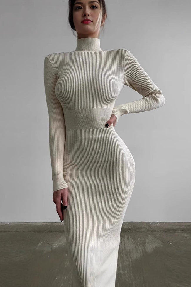 Semi-High Neck Slim Fitted Knit Sweater Dress S / White-Long Main image