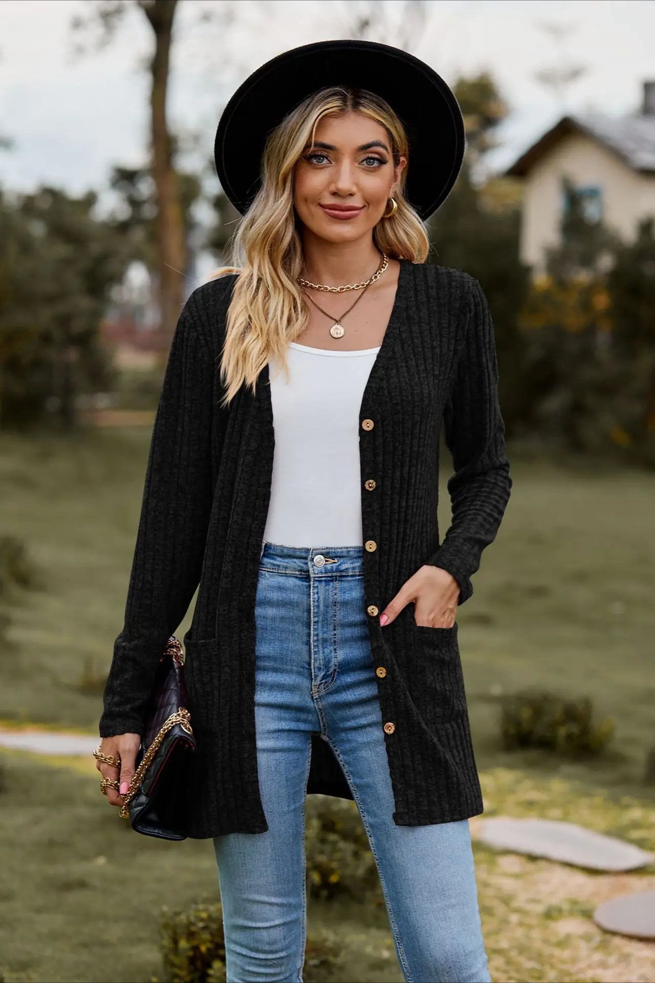 Brushed Ribbed Long Sleeve Cardigan Black / S Main image