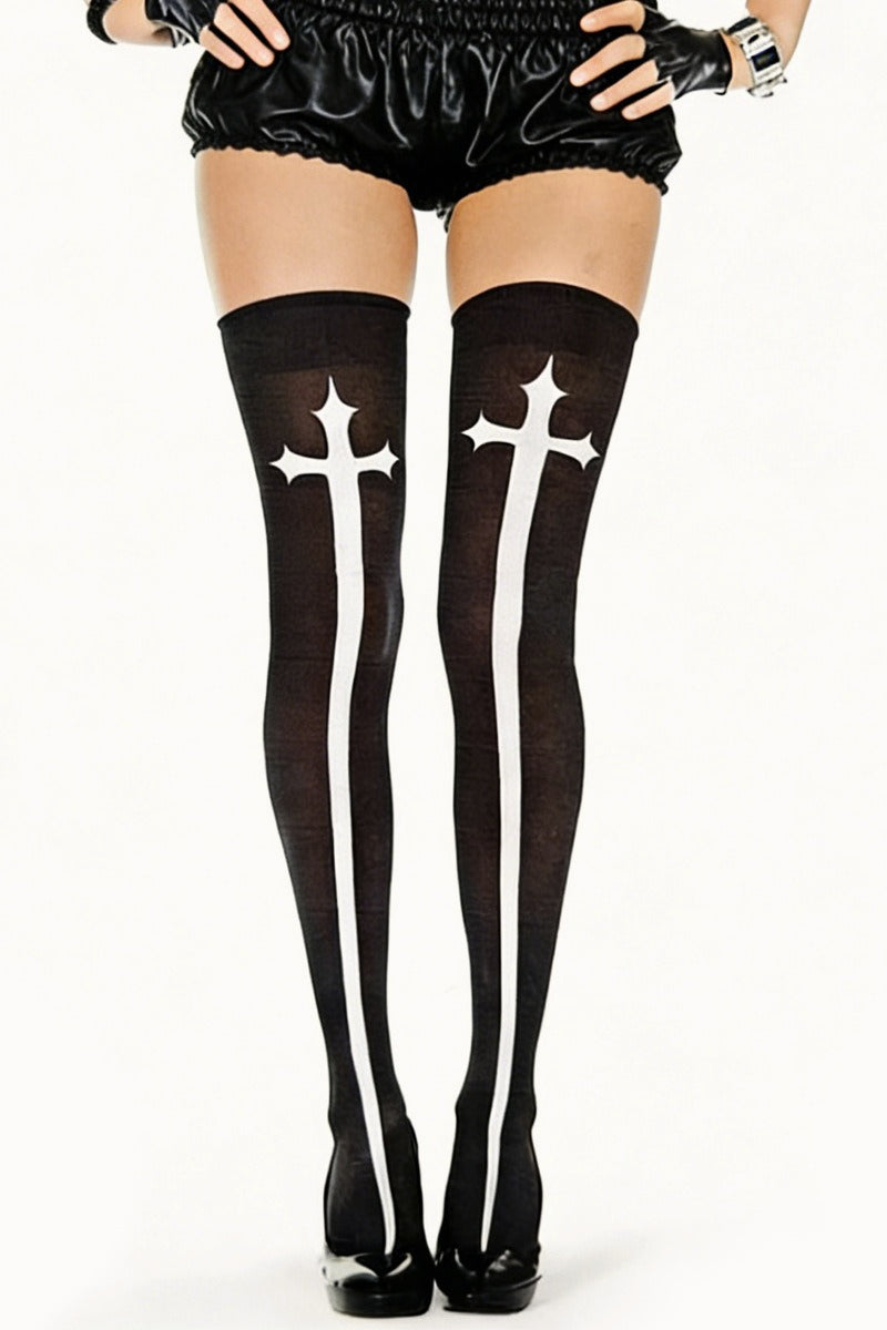 Gothic Cross Black White Thigh-High Stockings Secondary image
