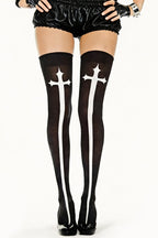 Gothic Cross Black White Thigh-High Stockings