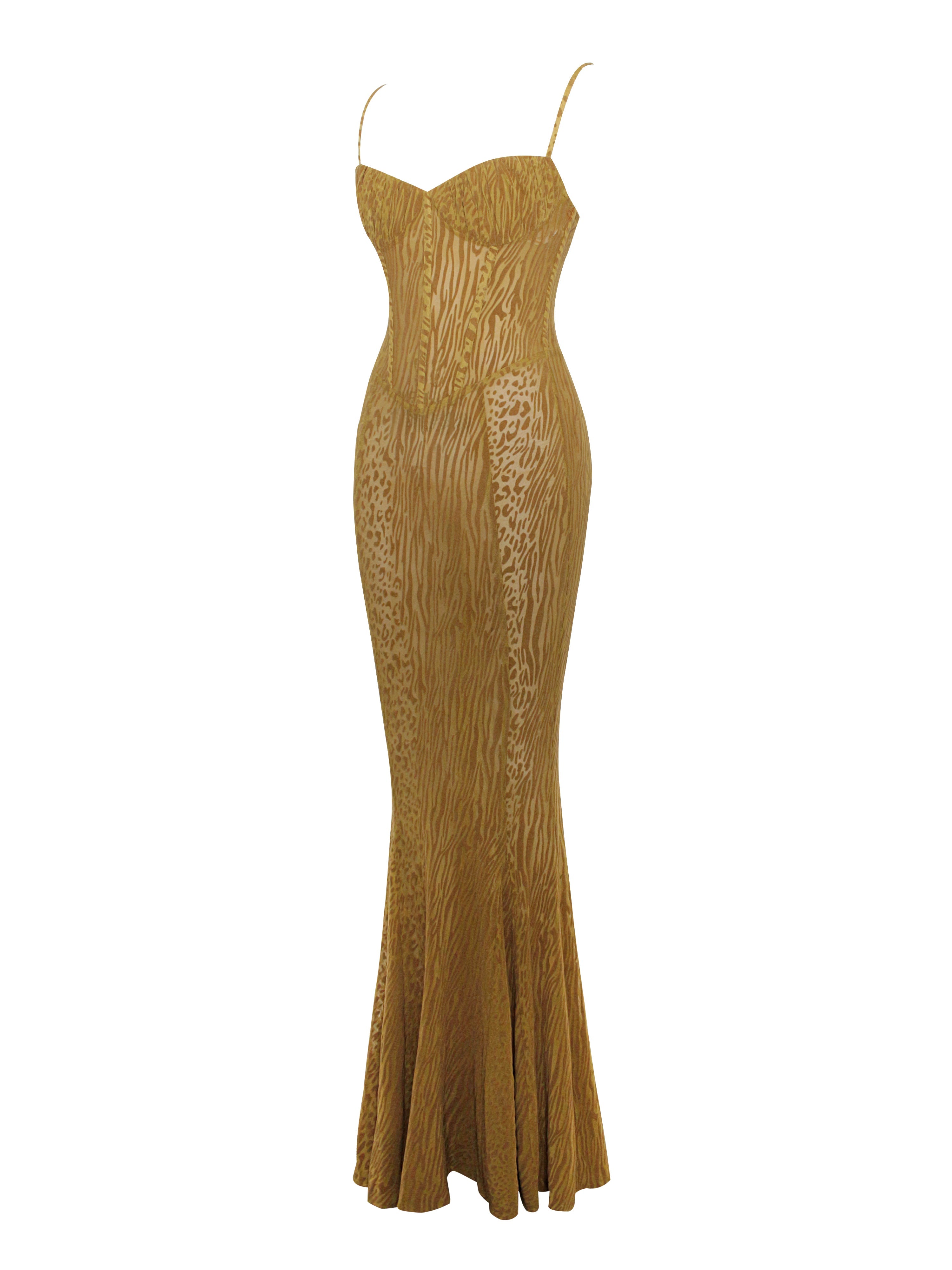 Ulani Gold Burnout Velvet Graceful Detail Mesh Maxi Dress Dresses