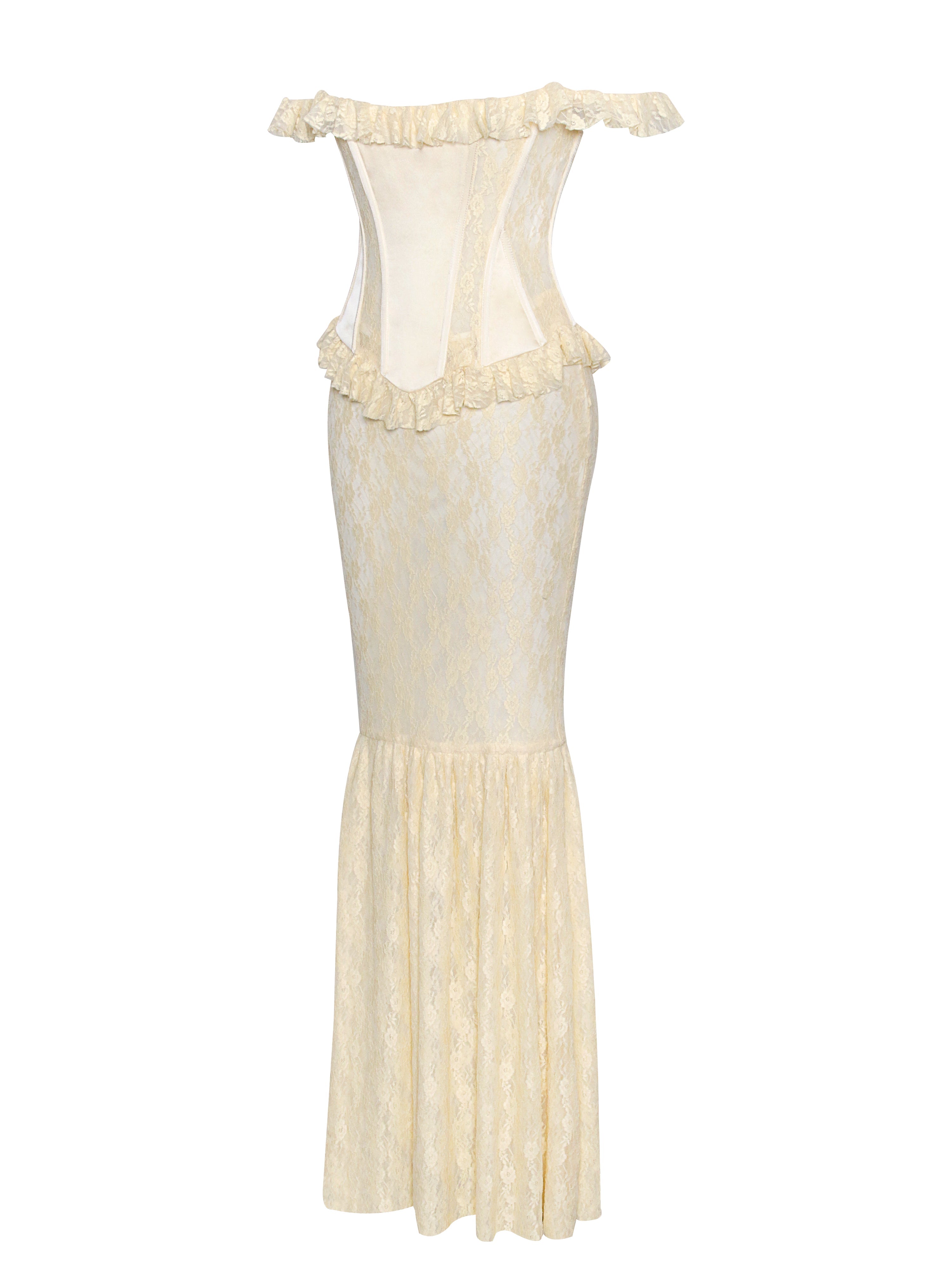 Ersilia Pale Yellow Satin Lace Trendy Peplum Corset Off Shoulder Maxi Dress Dresses