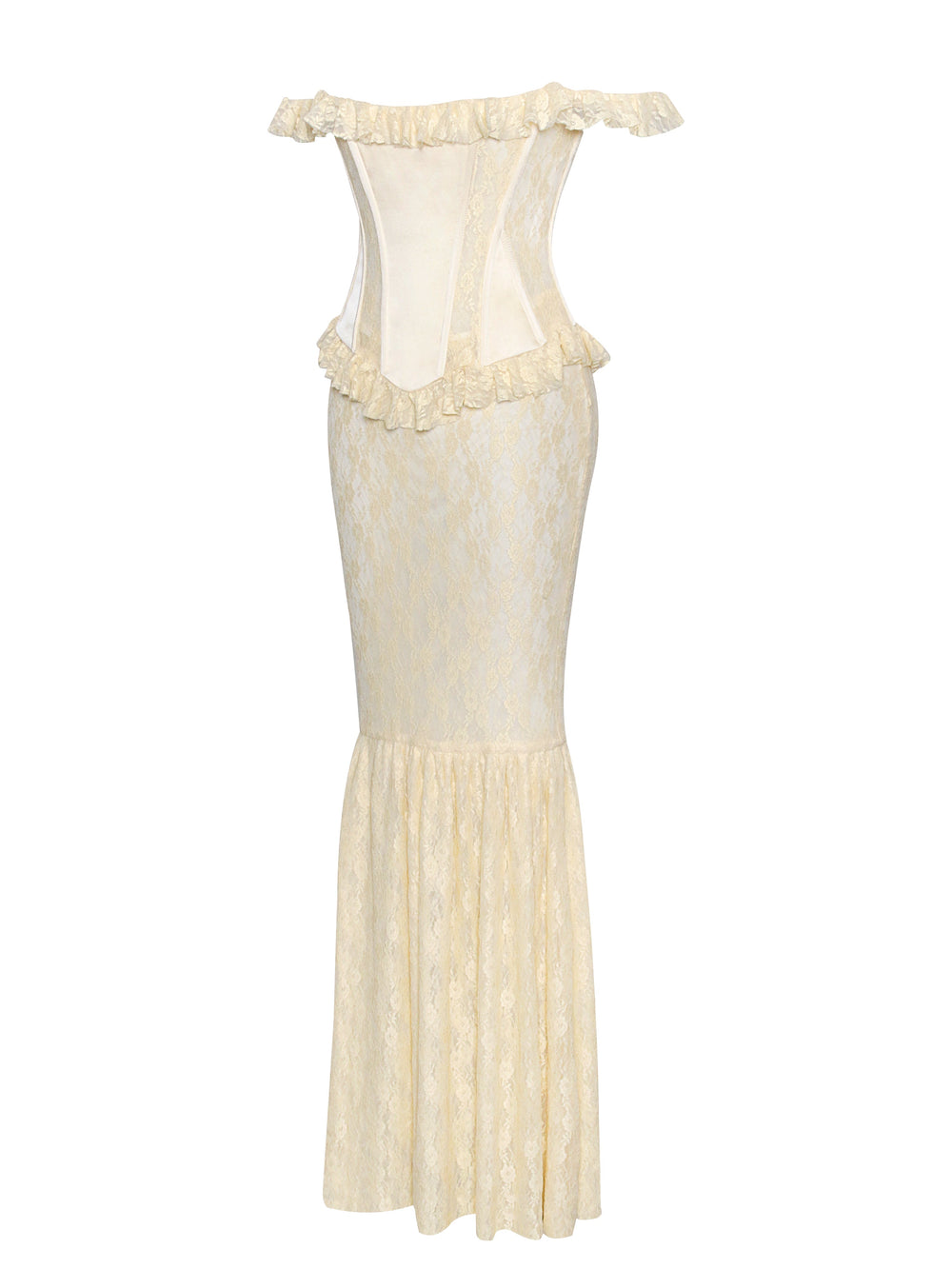 Ersilia Pale Yellow Satin Lace Trendy Peplum Corset Off Shoulder Maxi Dress Dresses