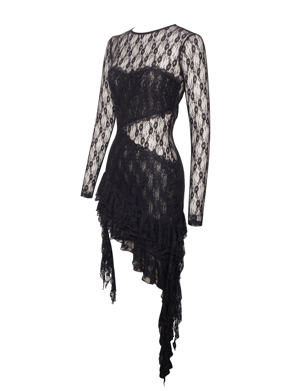 Omaira Black Lace Charming Long Sleeve Ruffle Dress Dresses