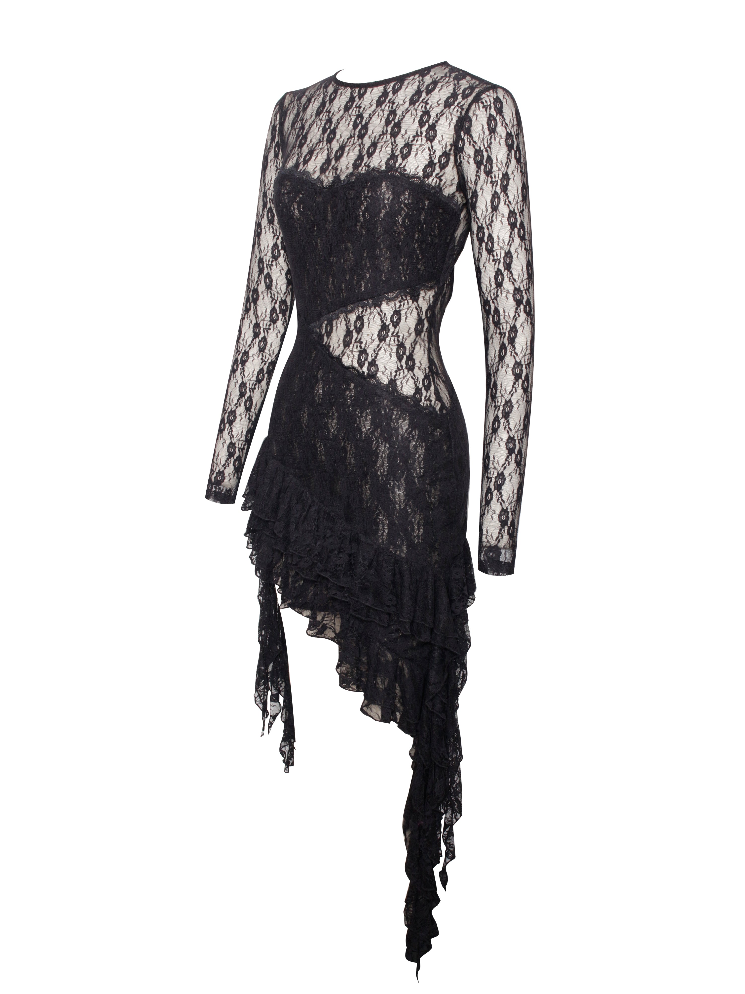 Omaira Black Lace Charming Long Sleeve Ruffle Dress Dresses