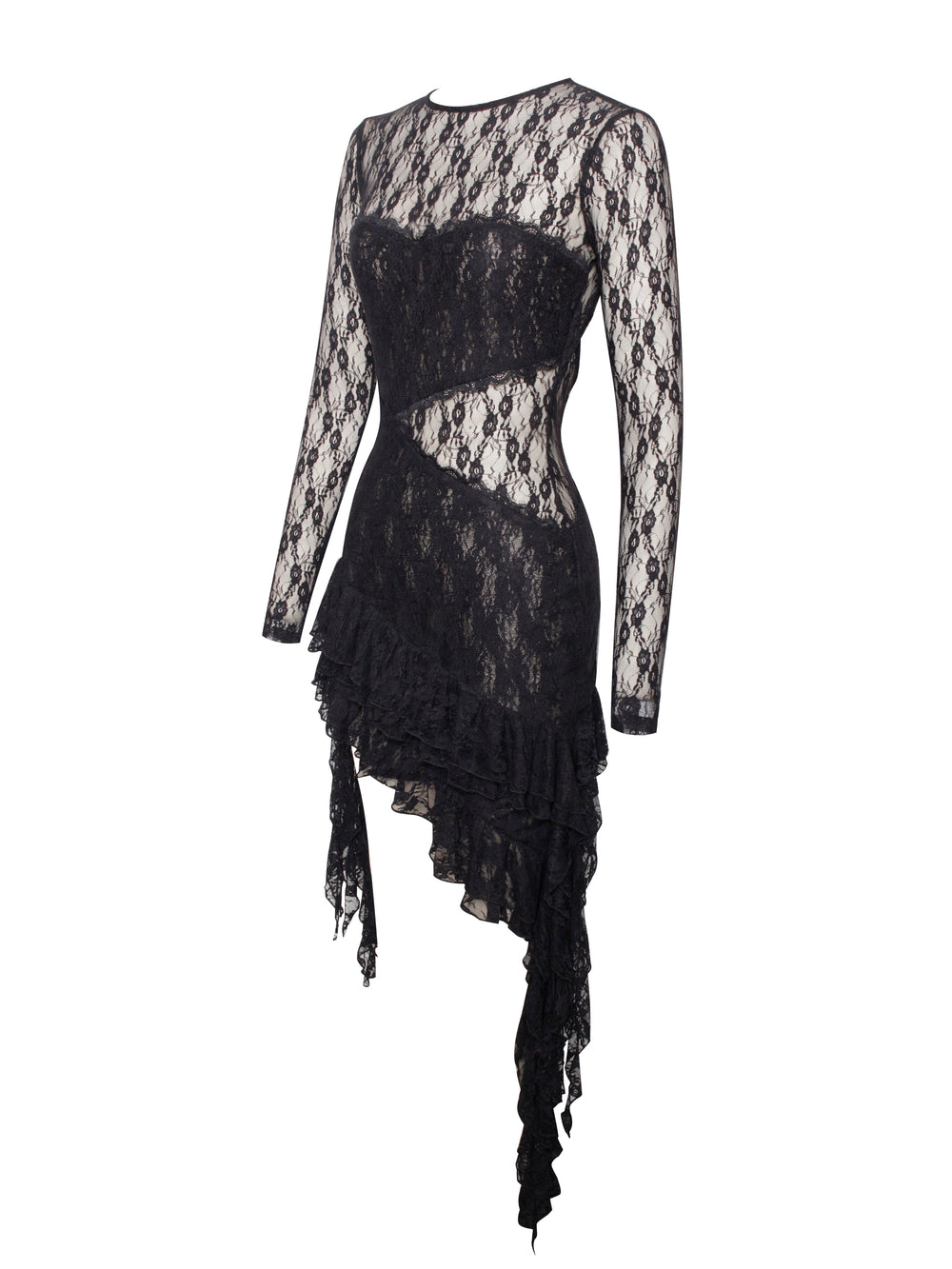 Omaira Black Lace Charming Long Sleeve Ruffle Dress Dresses
