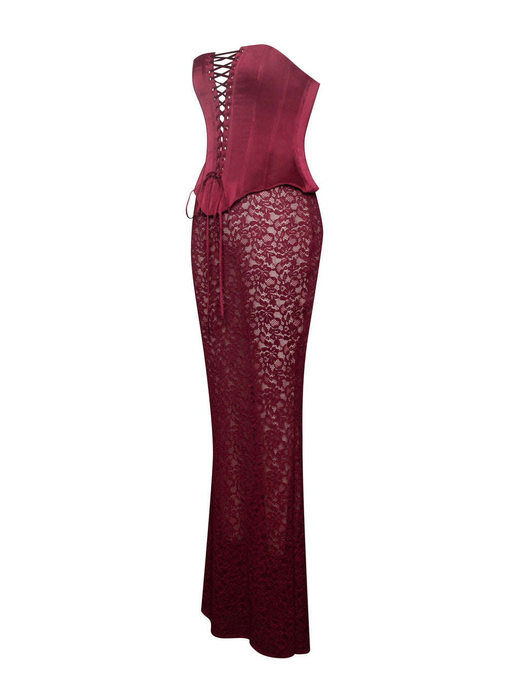 Lucinda Burgundy Satin Charming Lace Corset Maxi Dress Dresses