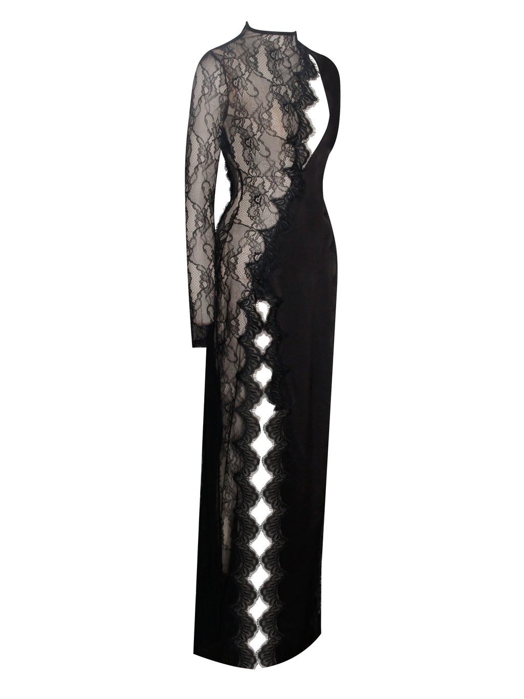 Weslyn Black Satin Charming Lace High Slit Dress Dresses