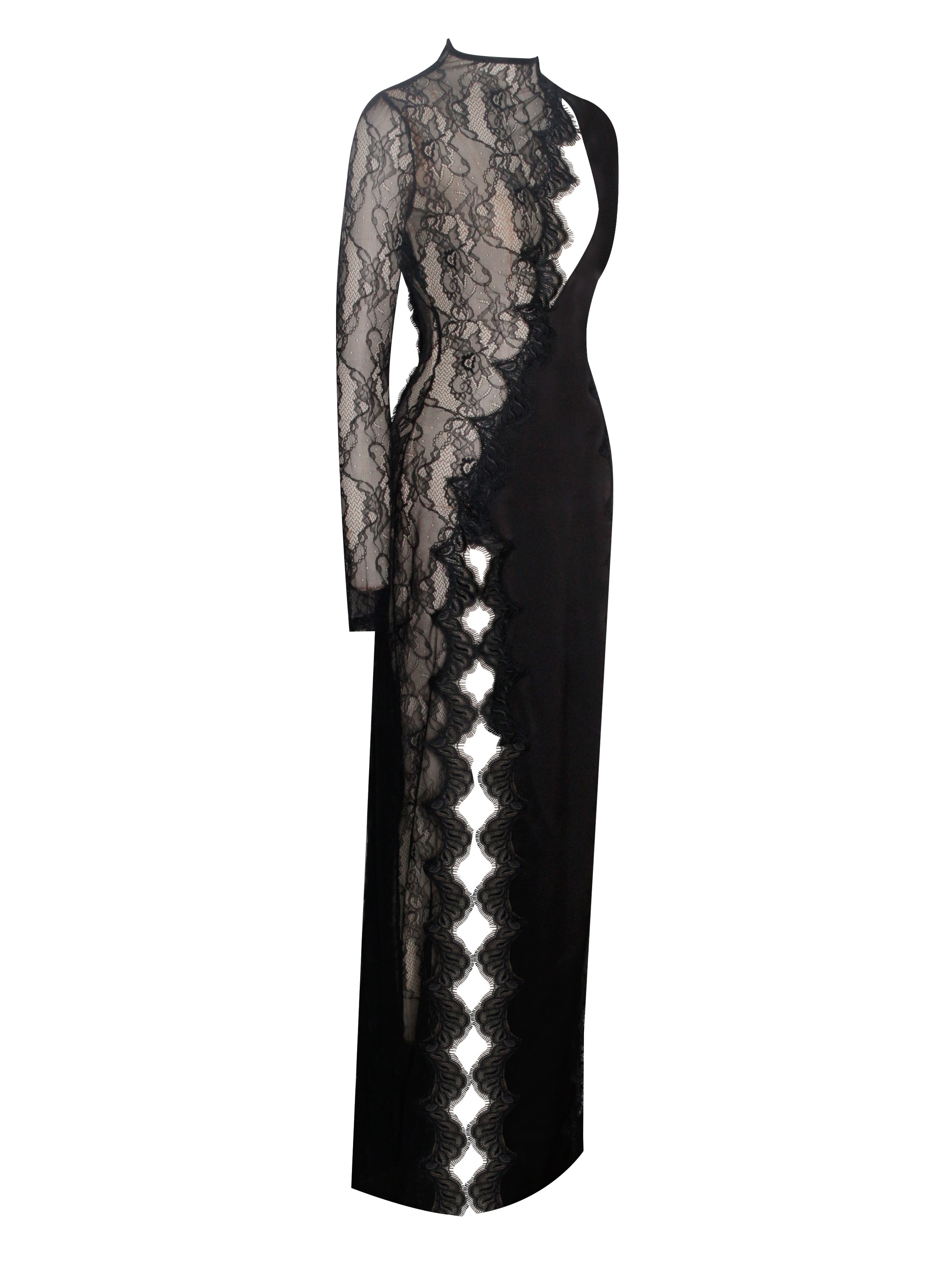 Weslyn Black Satin Charming Lace High Slit Dress Dresses