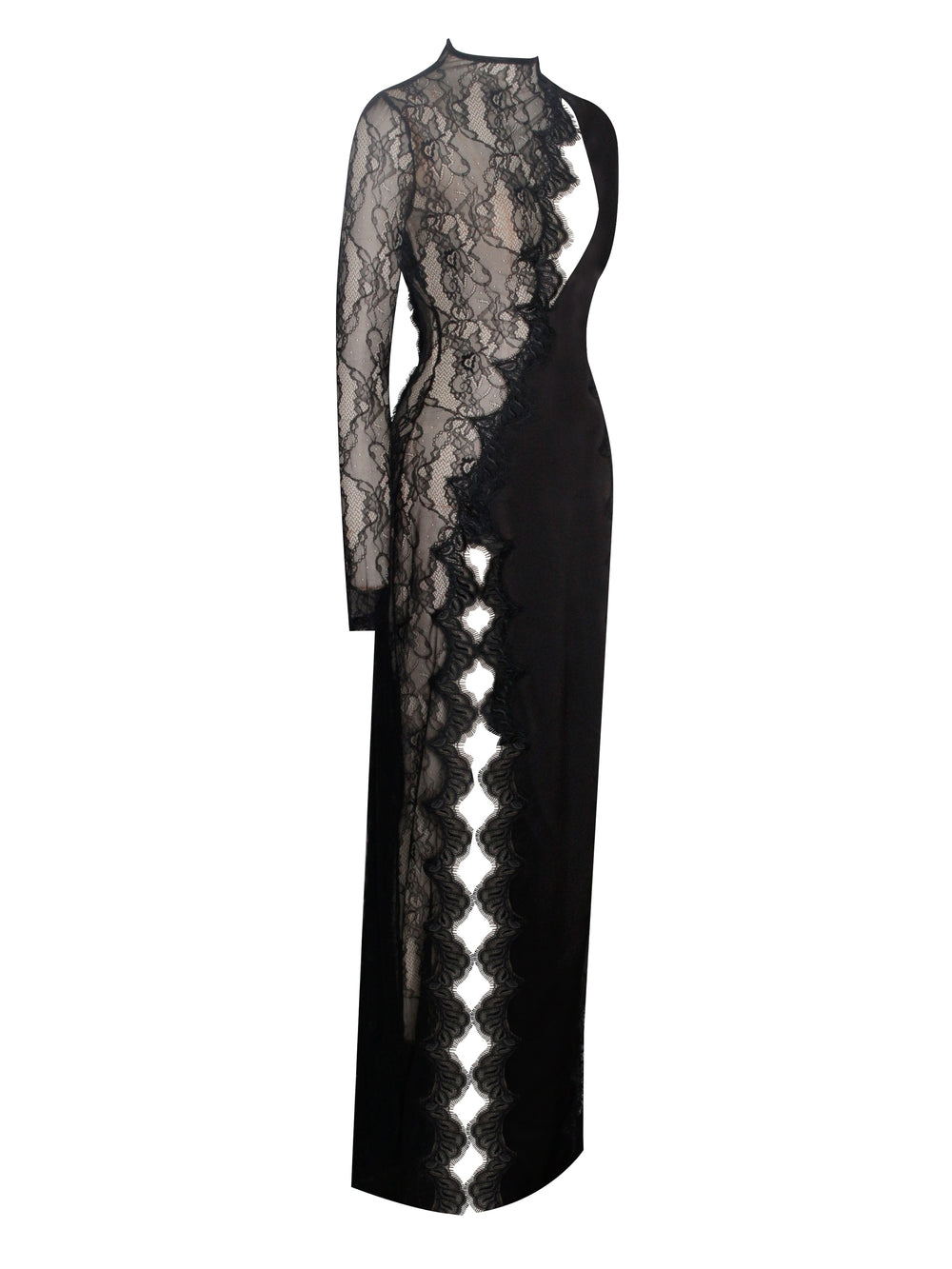 Weslyn Black Satin Charming Lace High Slit Dress Dresses