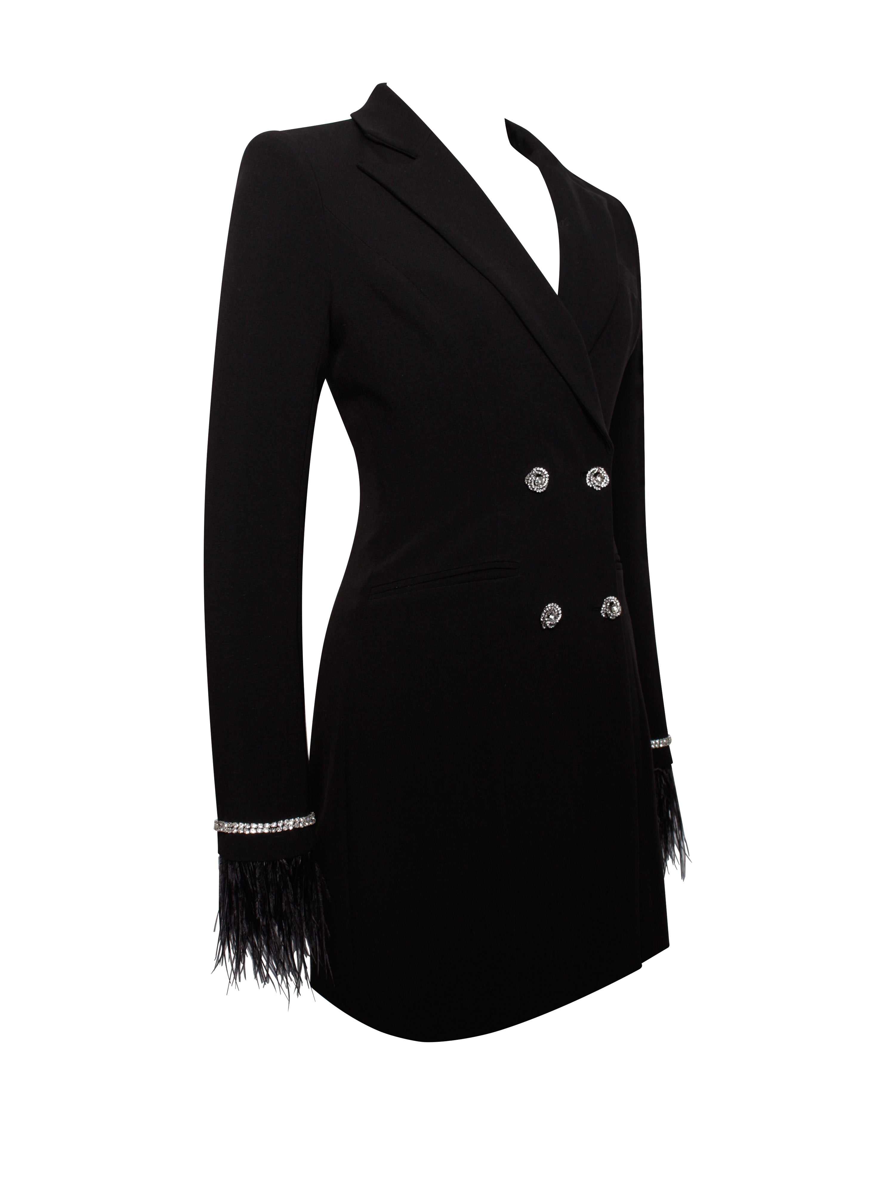 Quilla Black Feather Crystal Graceful Sleeve Backless Blazer Dress Dresses