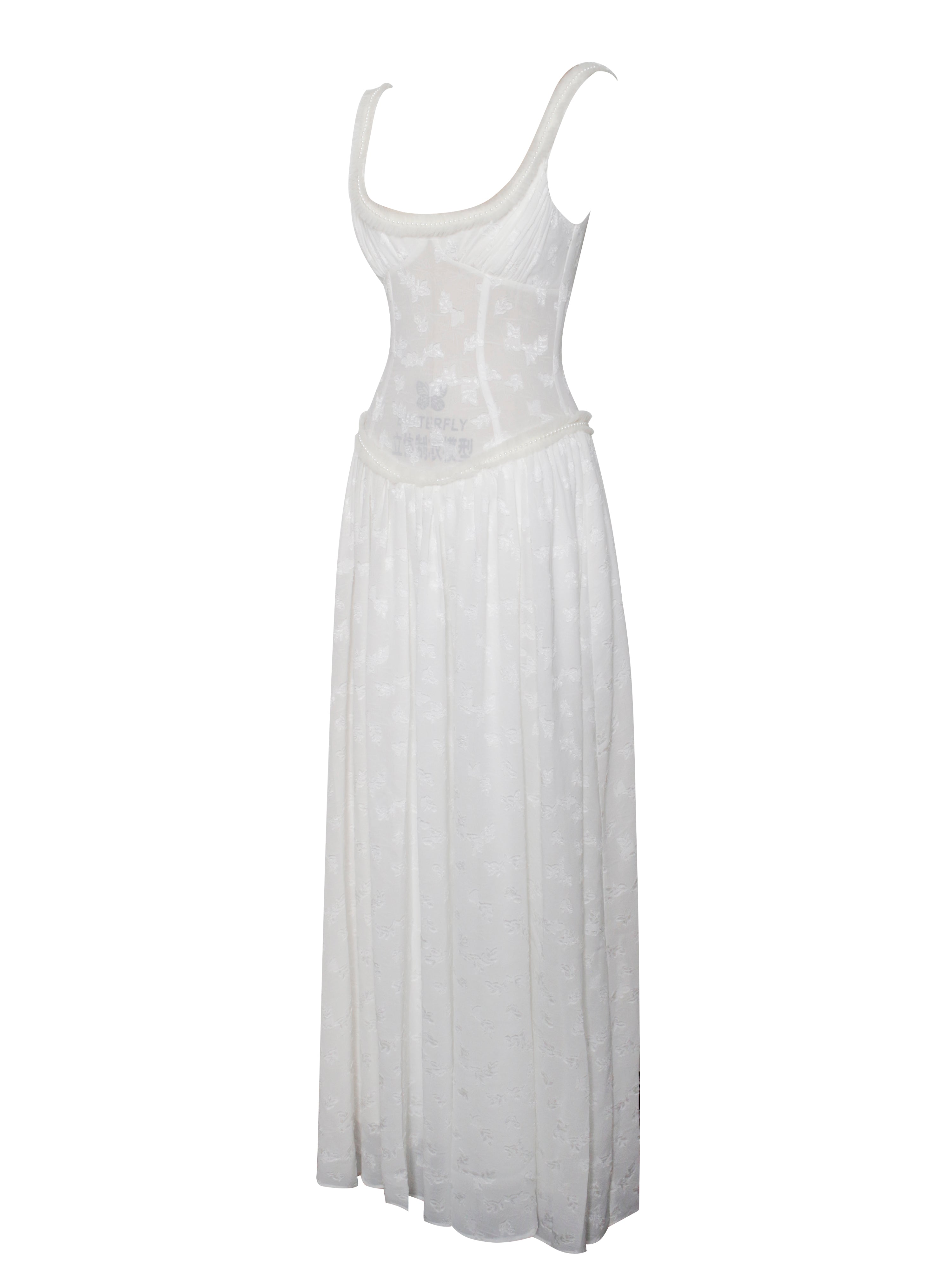 Ulissa White Square Neck Jacquard Trendy Textured High Slit Maxi Dress Dresses