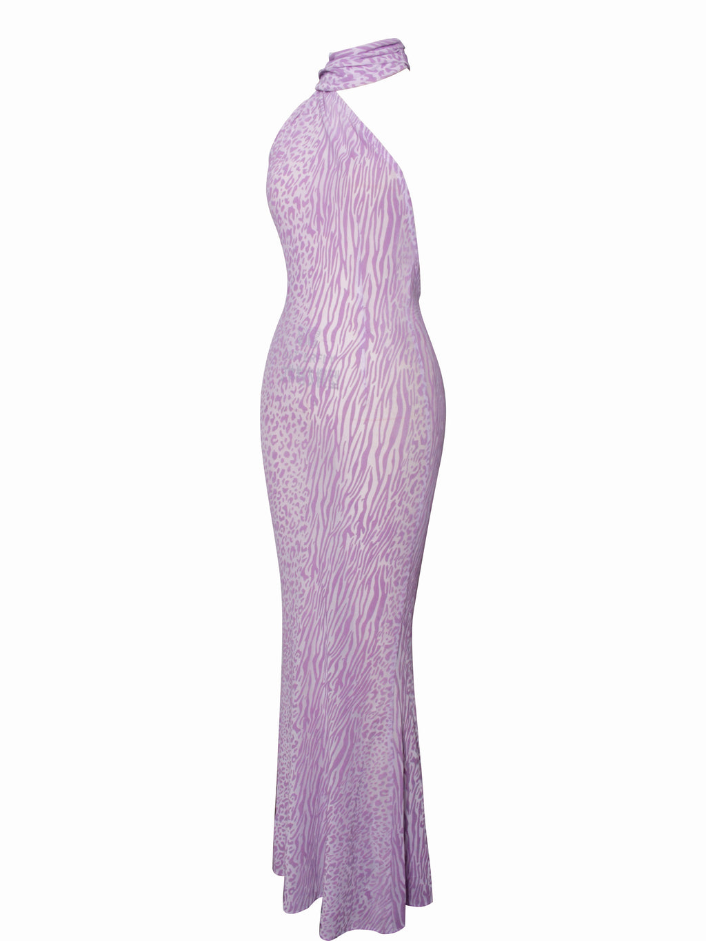 Olena Purple Burnout Velvet Animal Trendy Print Mesh Halter Neck Maxi Dress Dresses