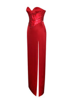 Kadesha Red Crystal High Graceful Slit Satin Corset Gown Dresses