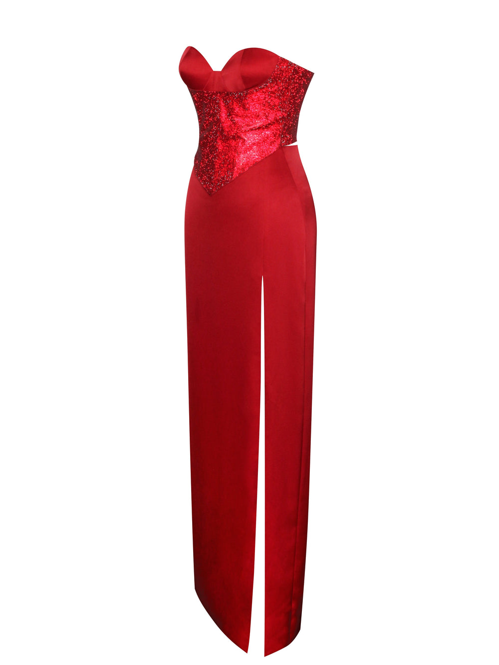 Kadesha Red Crystal High Graceful Slit Satin Corset Gown Dresses
