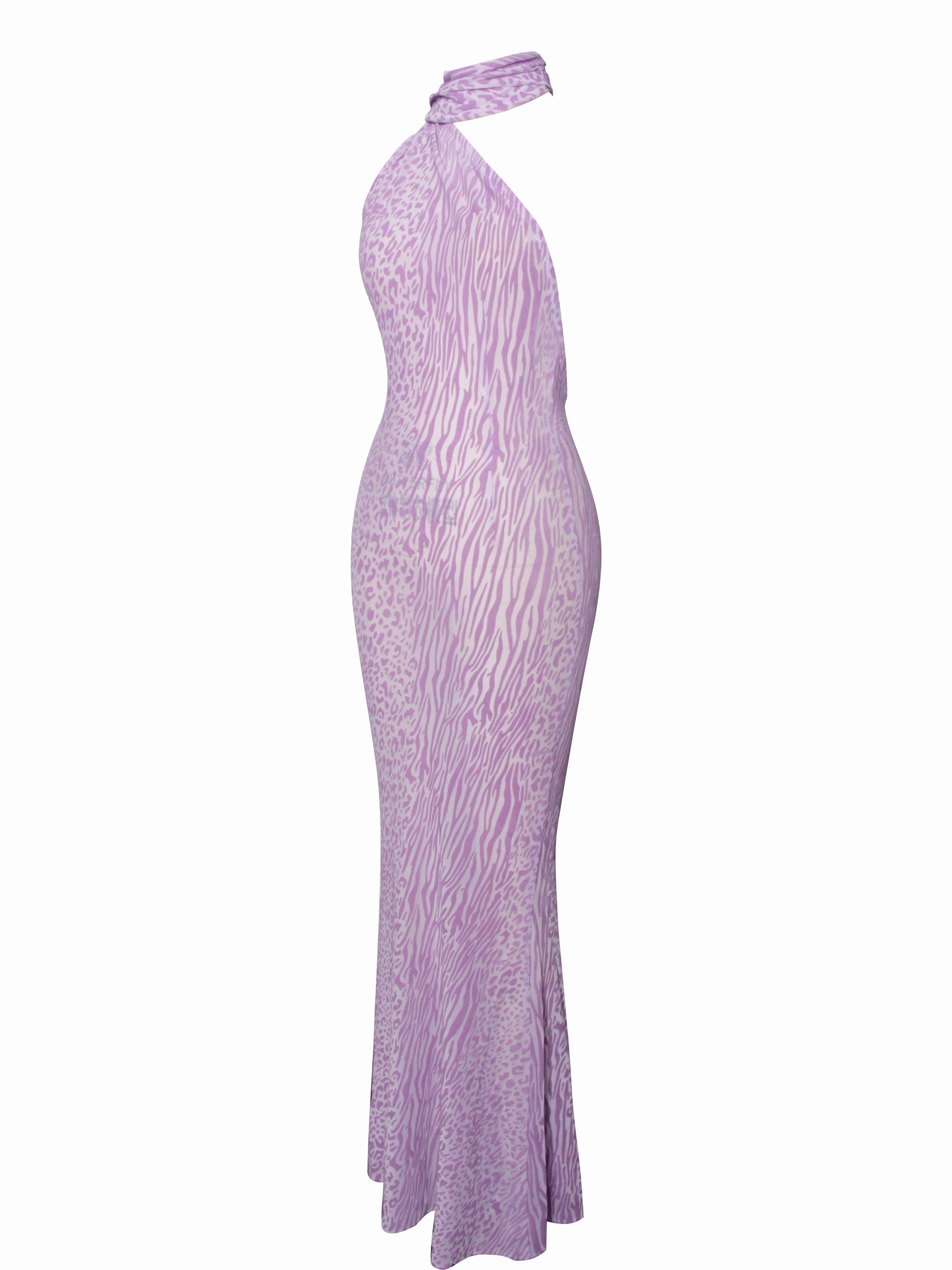 Olena Purple Burnout Velvet Animal Trendy Print Mesh Halter Neck Maxi Dress Dresses