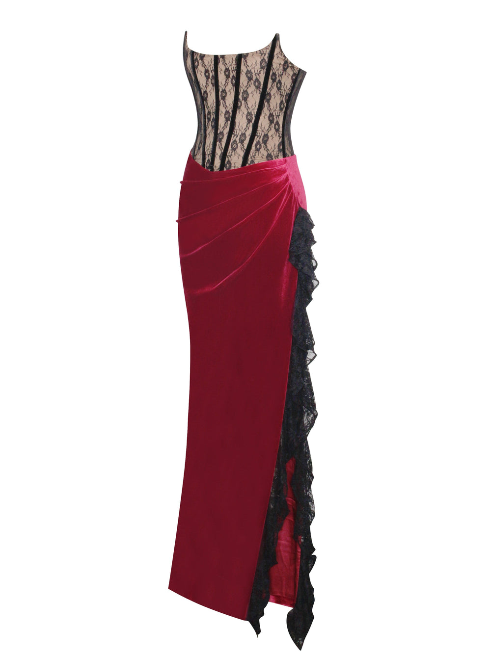 Gaia Burgundy Lace Velvet Graceful Corset Side Slit Dress Dresses