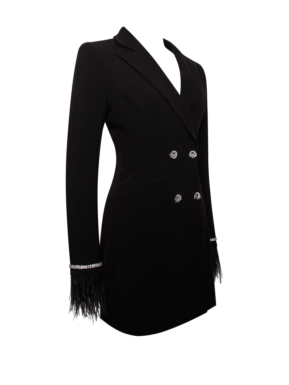 Quilla Black Feather Crystal Graceful Sleeve Backless Blazer Dress Dresses