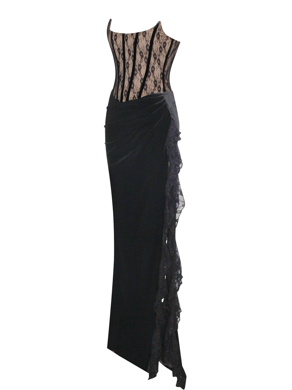 Gaia Black Lace Velvet Graceful Corset Side Slit Dress Dresses
