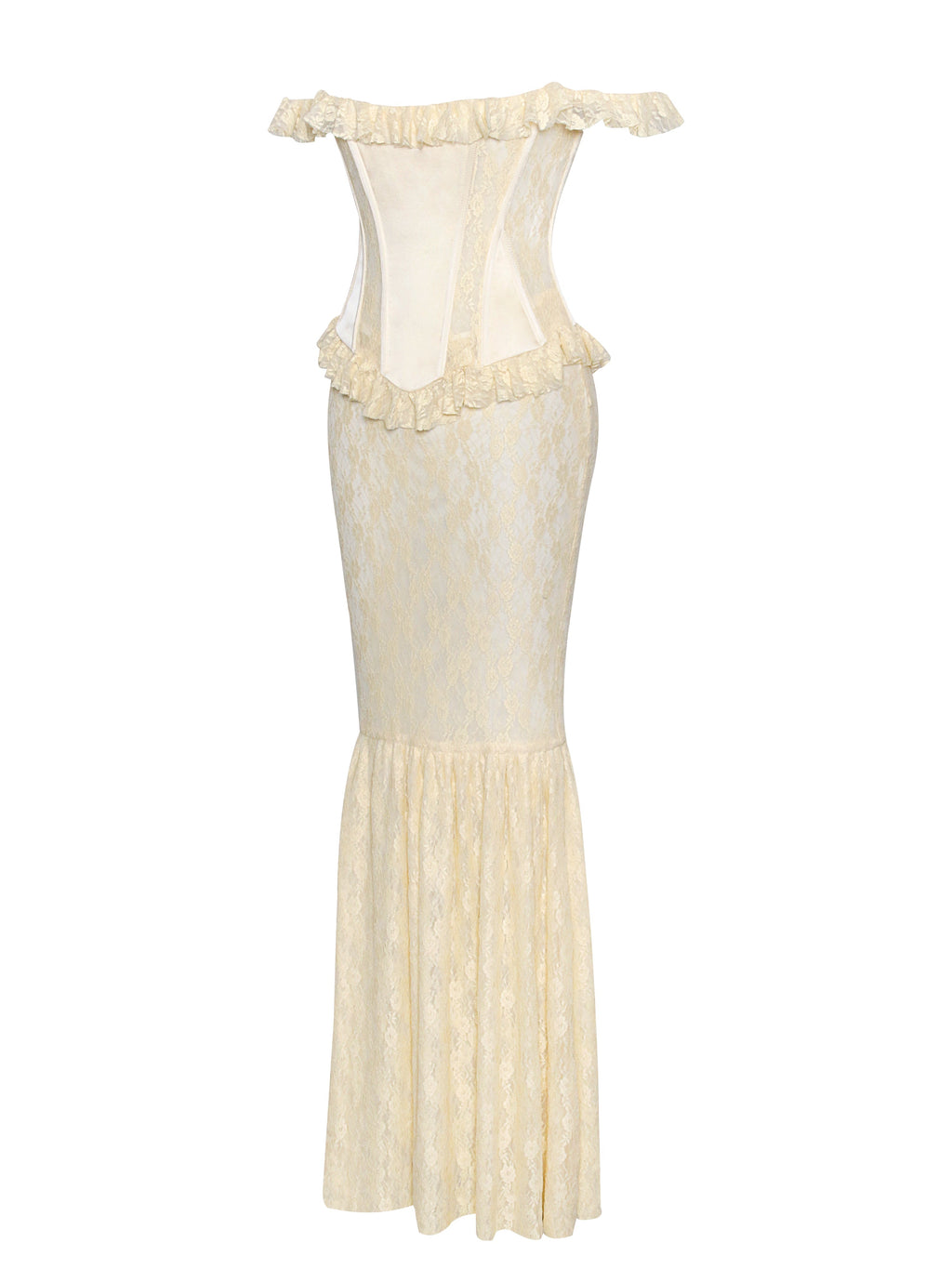 Ersilia Pale Yellow Satin Lace Trendy Peplum Corset Off Shoulder Maxi Dress Dresses
