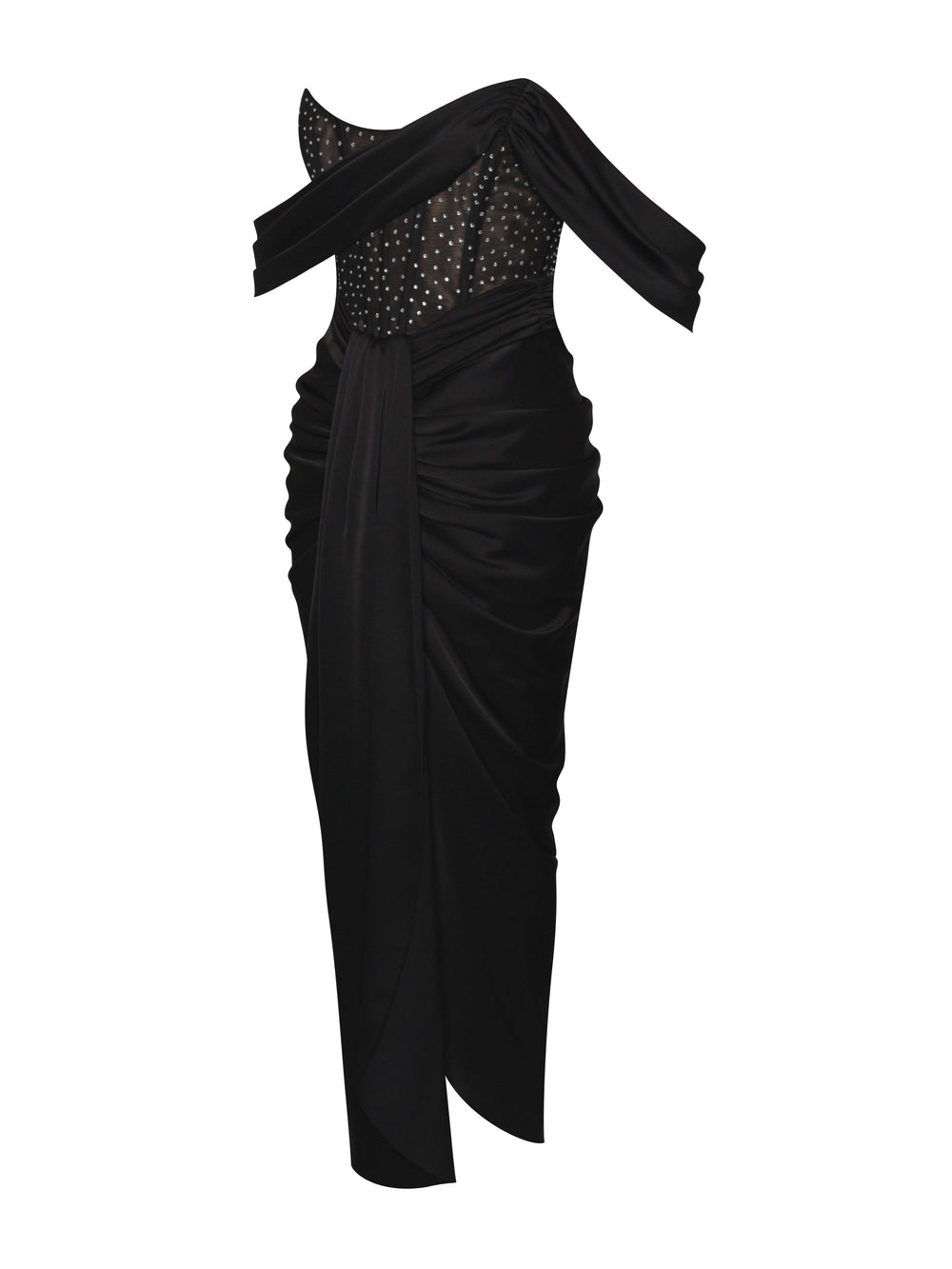 Stella Black Off Shoulder Graceful Crystal Corset Satin Gown Dresses