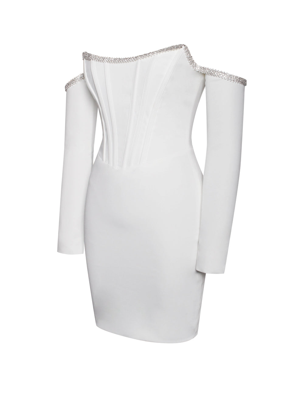 Annika White Off Shoulder Long Trendy Sleeve Corset Dress With Crystal Trim Dresses