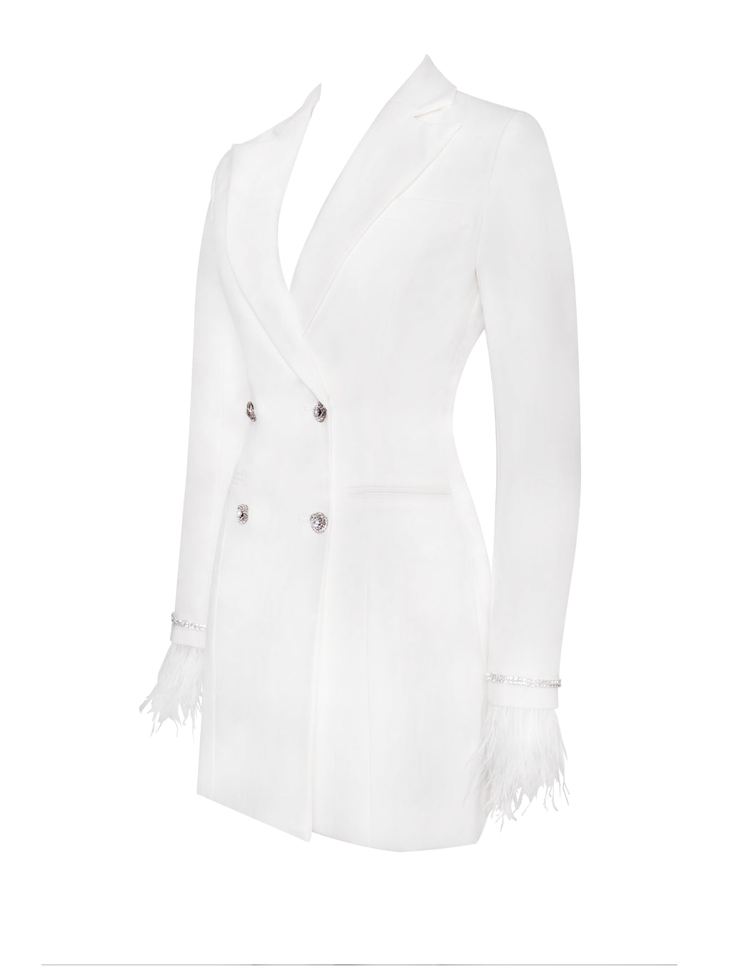 Quilla White Feather Crystal Graceful Sleeve Backless Blazer Dress Dresses