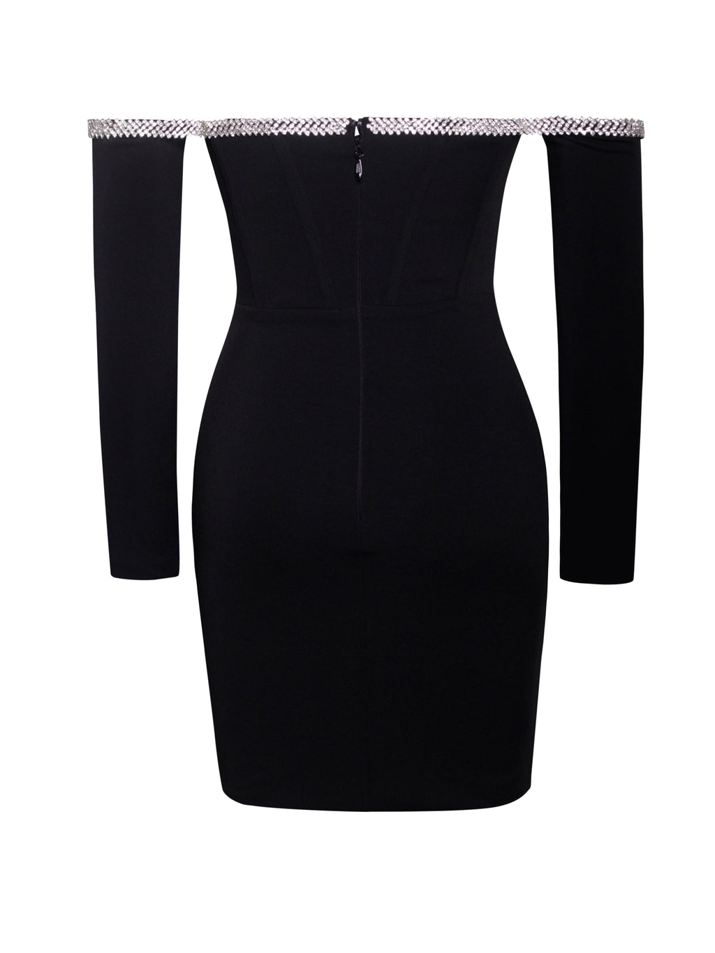 Annika Black Off Shoulder Long Trendy Sleeve Corset Dress With Crystal Trim Dresses