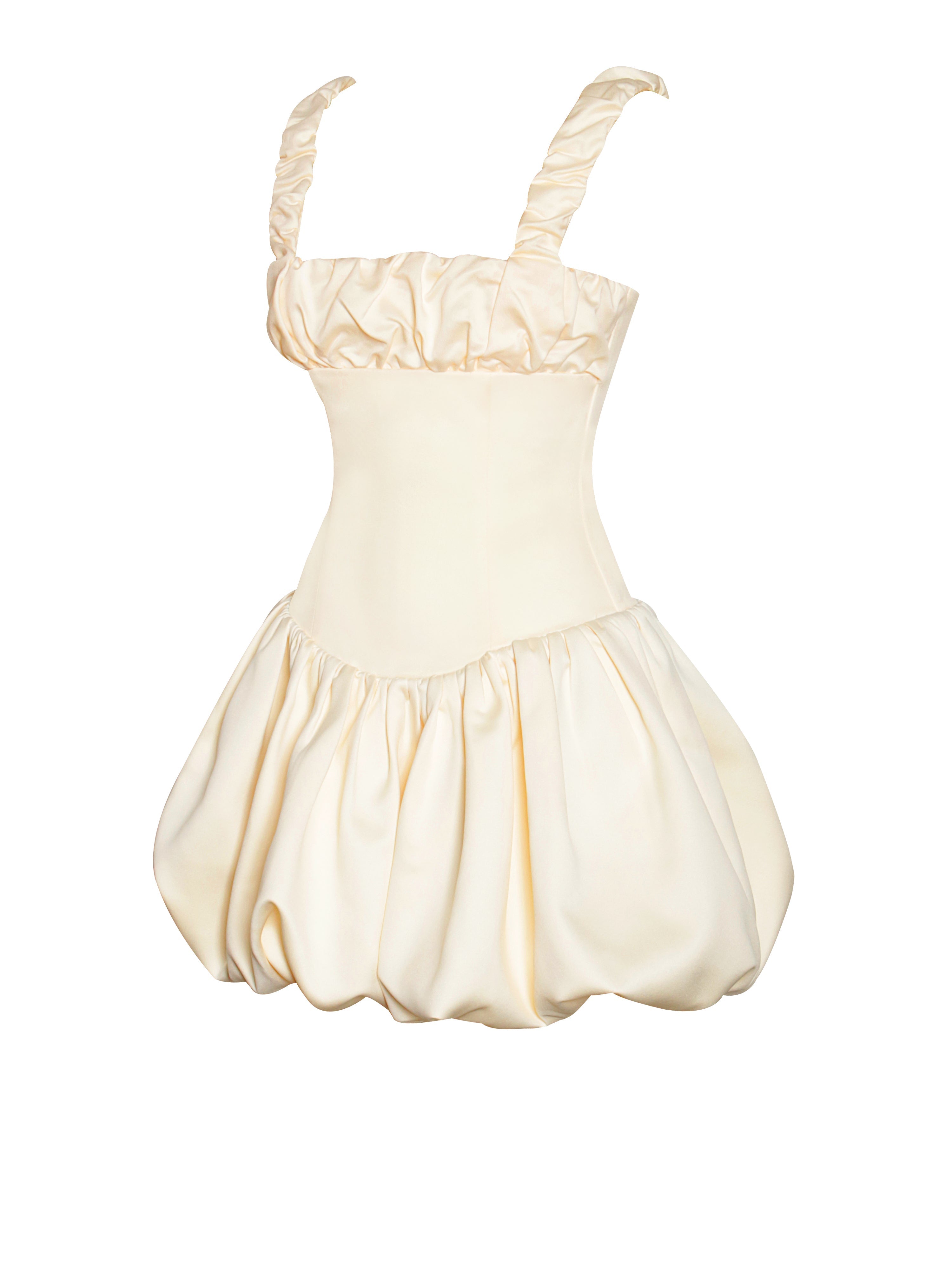 Aubrey Egg White Satin Graceful Bubble Hem Mini Dress Dresses